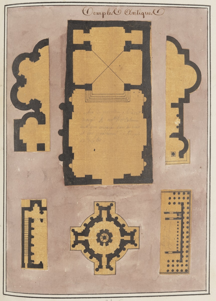 Plans de six temples et monuments antiques