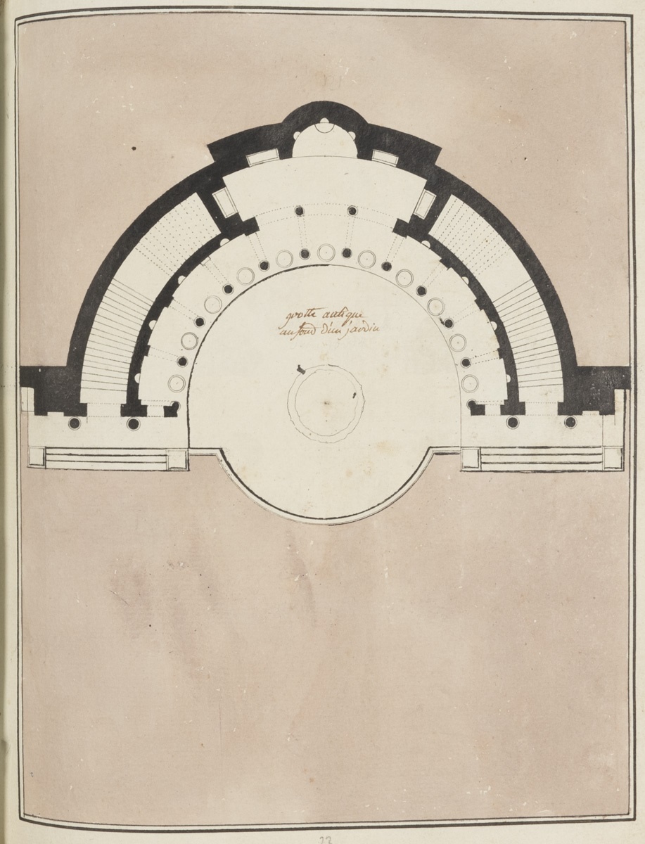 Plan d'une grotte antique au fond d'un jardin