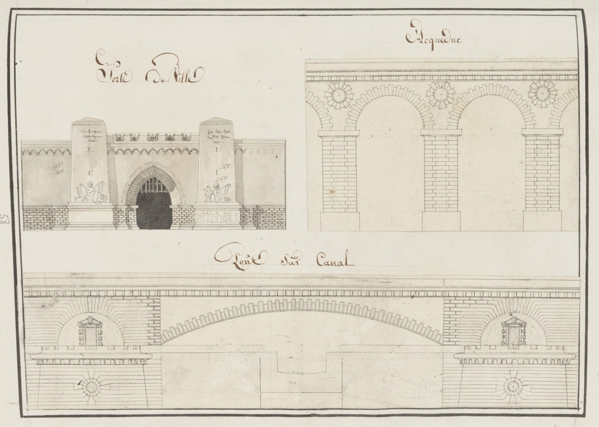 Élévations d'une porte de ville, d'un aqueduc et d'un pont sur canal