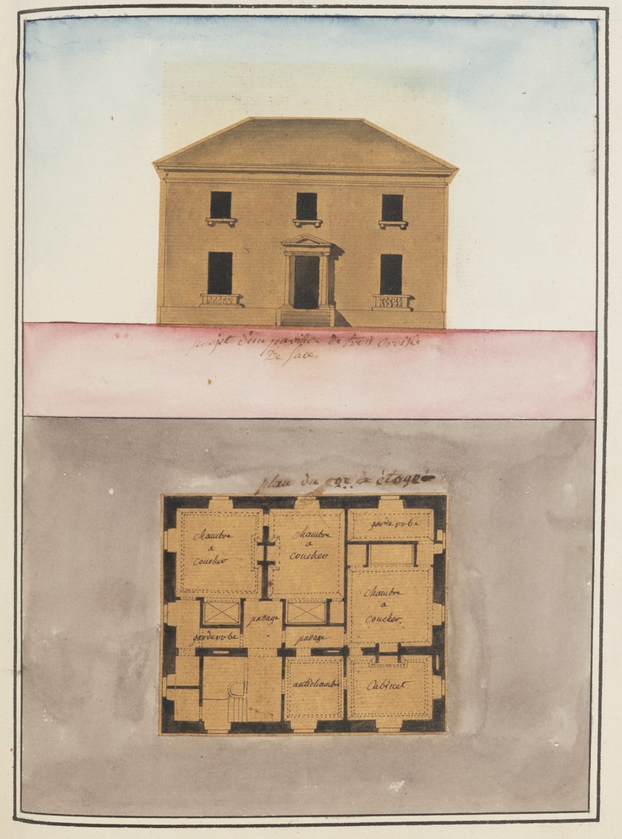Projet d'un pavillon de trois croisées. Élévation de la façade et plan du 2e étage