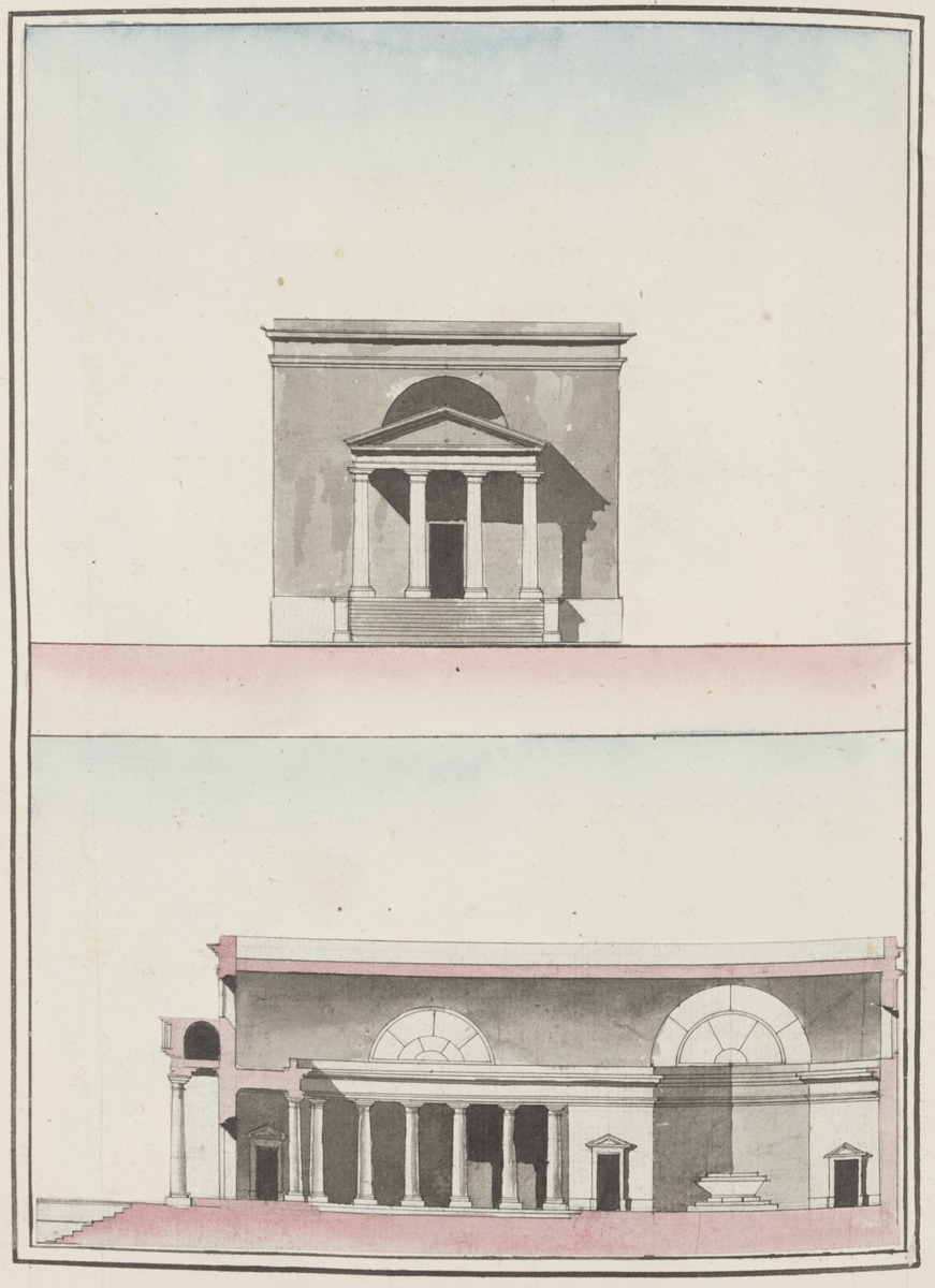 Élévation de façade et plan coupe d'une chapelle sépulcrale