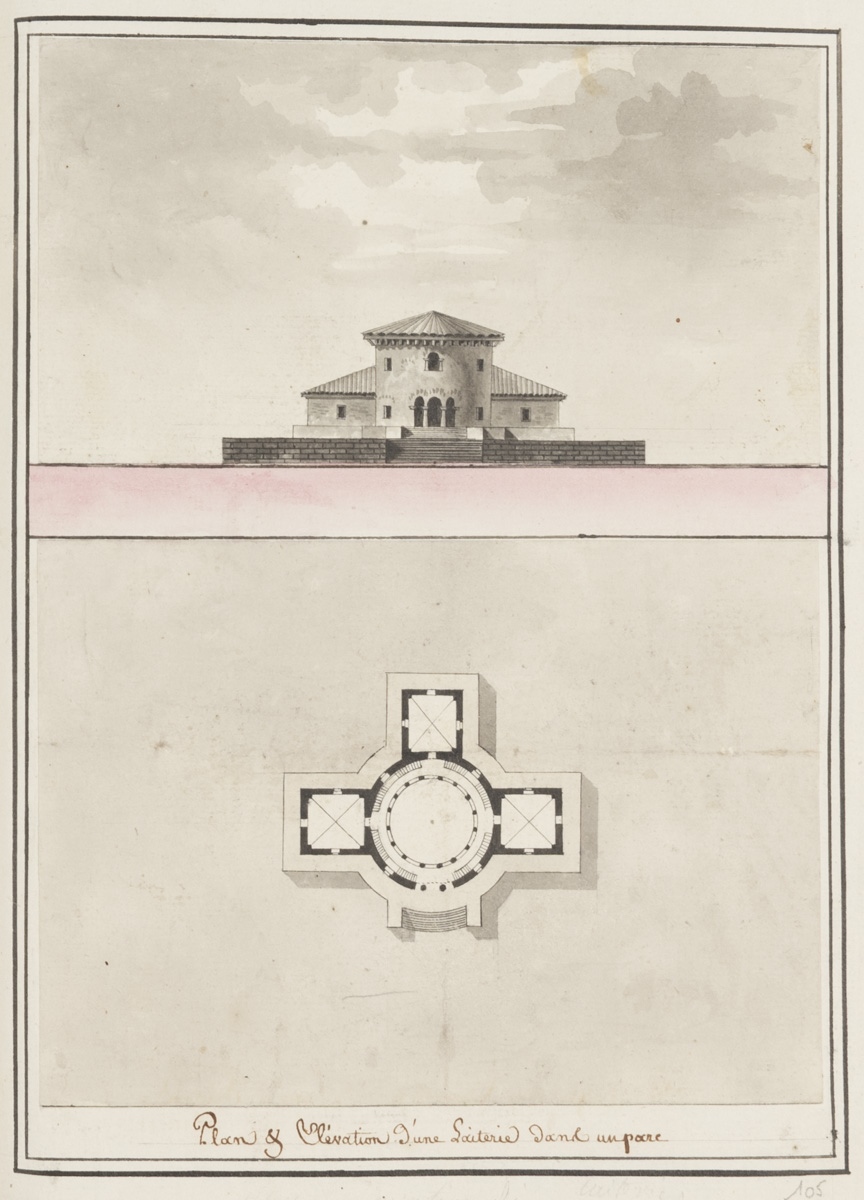 Élévation et plan d'une laiterie dans un parc