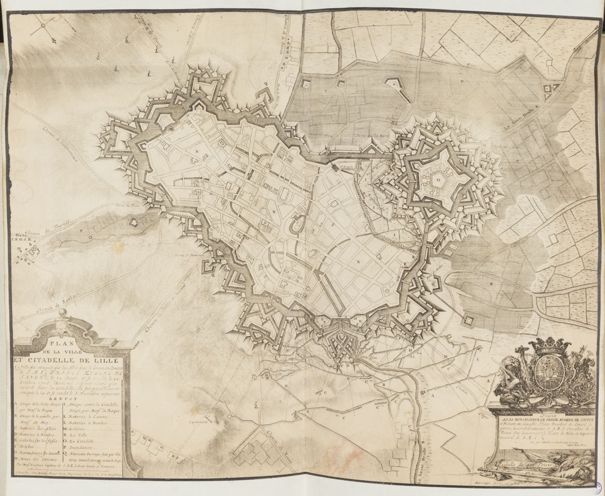 Plan de la Ville et citadelle de Lille. La Ville fut attaquée par les Alliés sous le commandement de S.A. le Prince Eugène de Savoye le 22 Aoust, et se rendit le 22 octobre 1708, l'ennemy s'étant retiré par accord dans la citadelle, elle fut pareillement attaquée le 29 et se rendit le 8 Décembre ensuivant