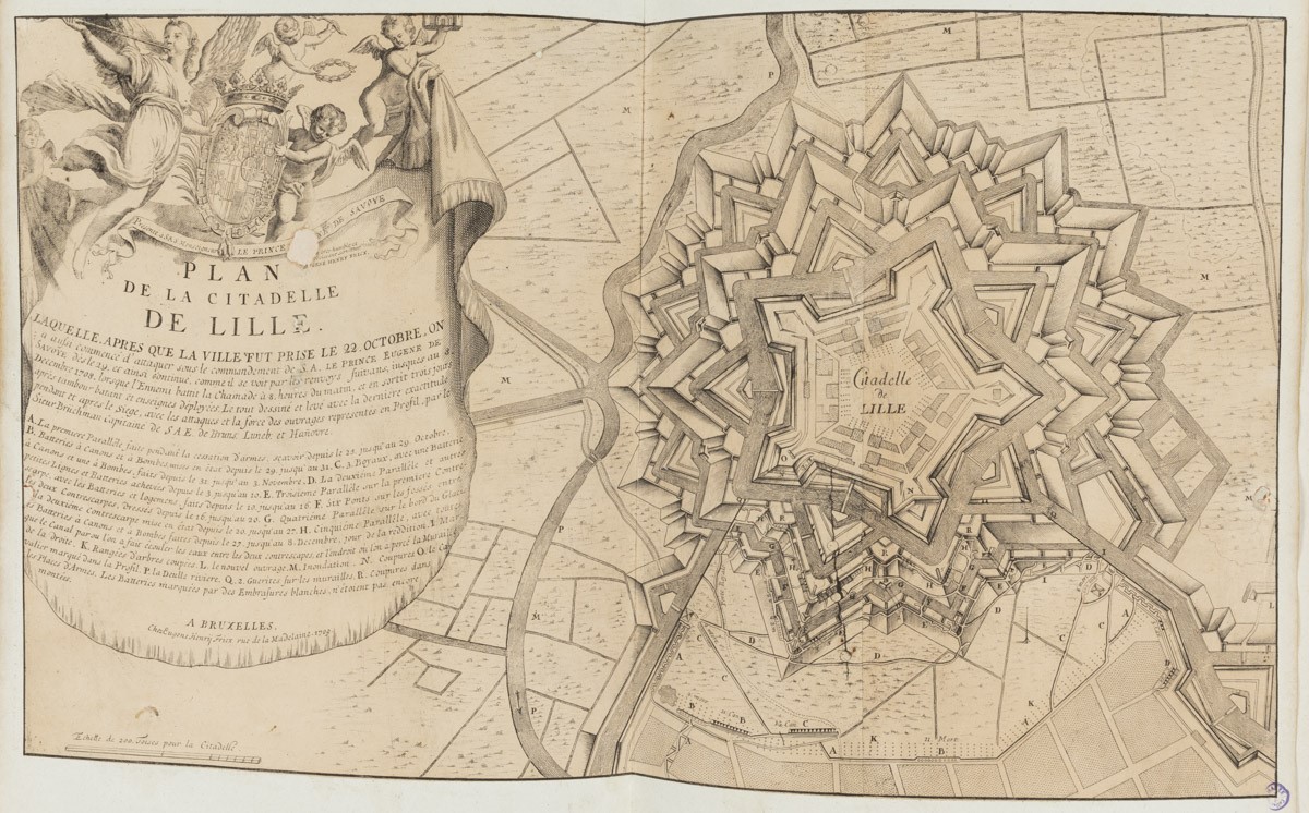 Plan de la citadelle de Lille, laquelle, après que la Ville fut prise le 22 octobre, on a aussi commencé d'attaquer sous le commandement de S.A. le Prince Eugène de Savoye dès le 29 et ainsi continué, comme il se voit par les renvoys suivans, jusques au 8 Décembre 1708...