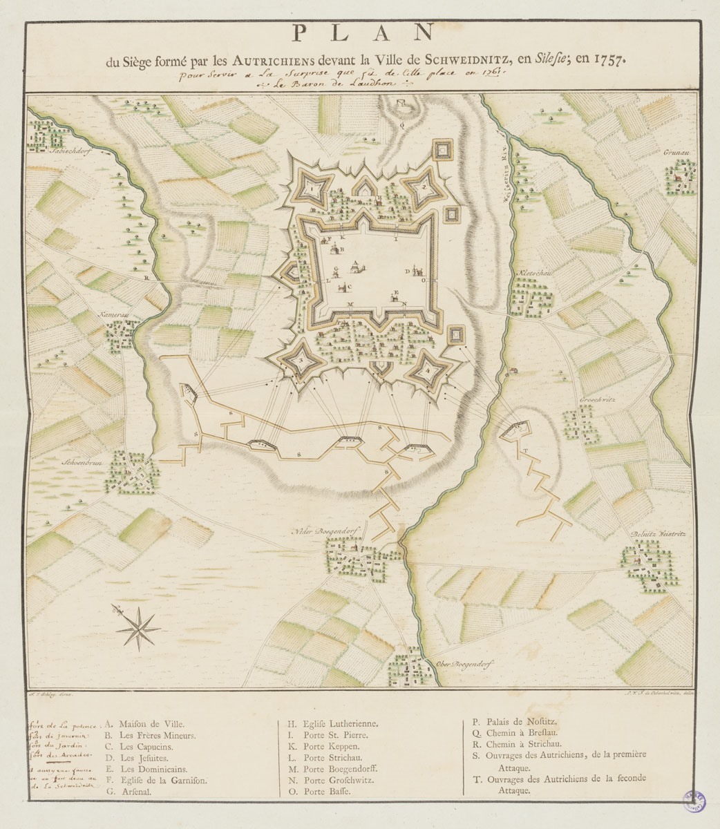 Plan du siège formé par les autrichiens devant la ville de Schweidnitz, en Silesie, en 1757