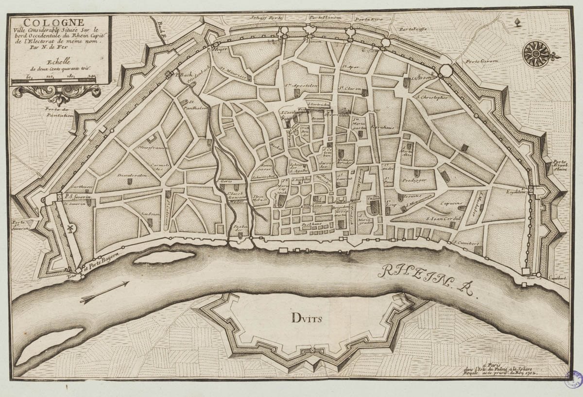 Plan de Cologne ; Cologne, ville considérable située sur le bord occidentale du Rhein, capitale de l'Électorat de même nom