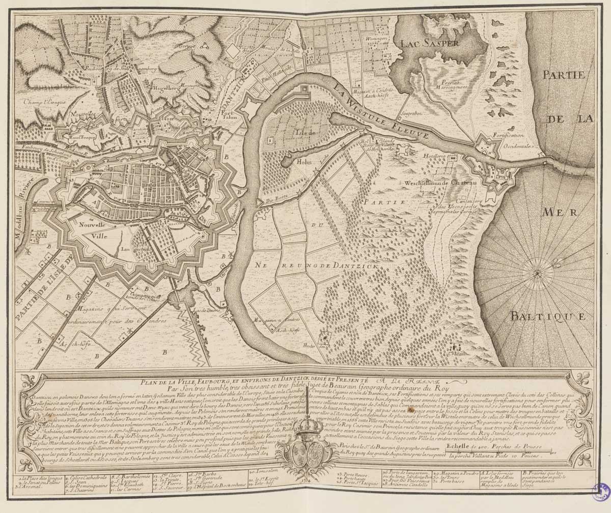 Plan de la Ville, Faubourg et environs de Dantzick, dédié et présenté à la Reine, par son très humble, très obéissant et très fidèle Sujet de Beaurain, Géographe ordinaire du Roy