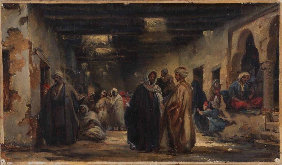 Rue couverte au Caire, ou Intérieur d'une salle au toit de poutres et de paille avec des personnages (titre ancien)