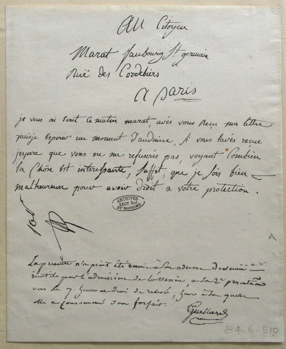 Lettre de Charlotte Corday à Marat