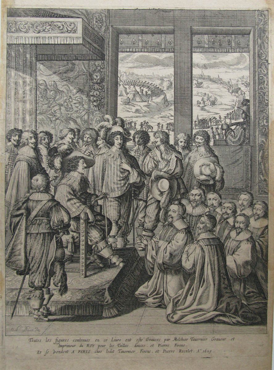 Le Roi Louis XIII écoute la harangue du prévôt des Marchands de Paris, le samedi 23 décembre 1628, à son retour de La Rochelle ; Frontispice