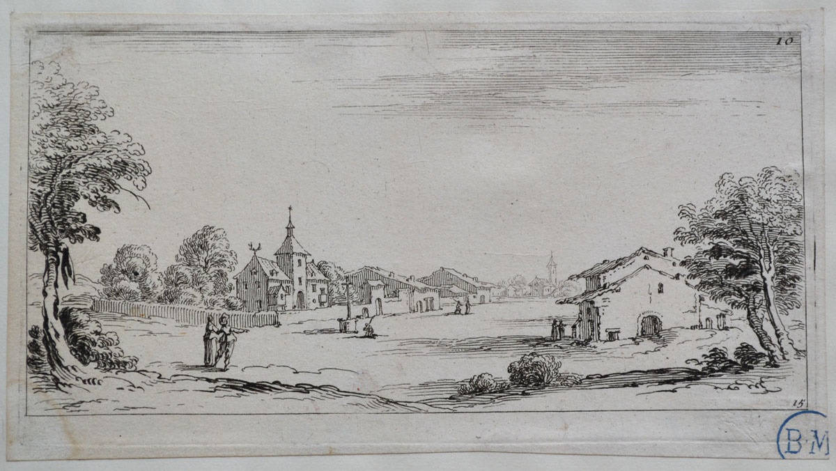 Vue d'une rue de village et d'un calvaire