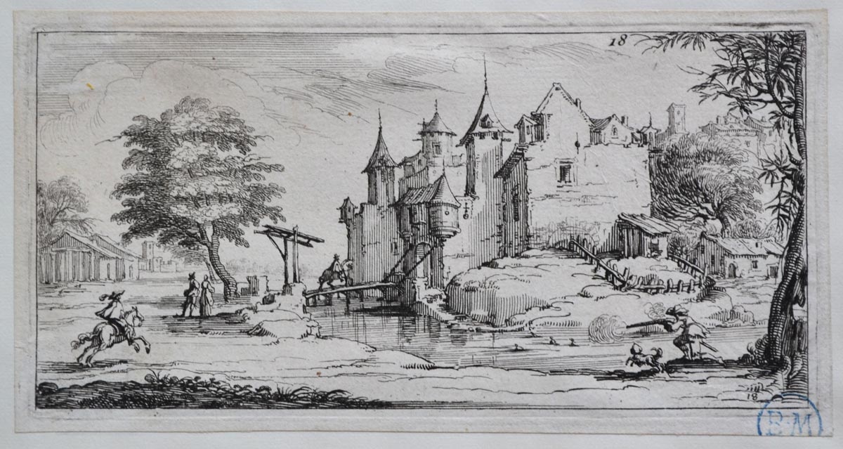 Un Château entouré d'eau avec un cavalier sur le pont-levis