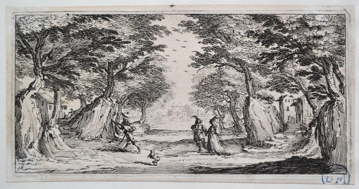 Gentilhomme donnant la main à une dame dans un paysage boisé