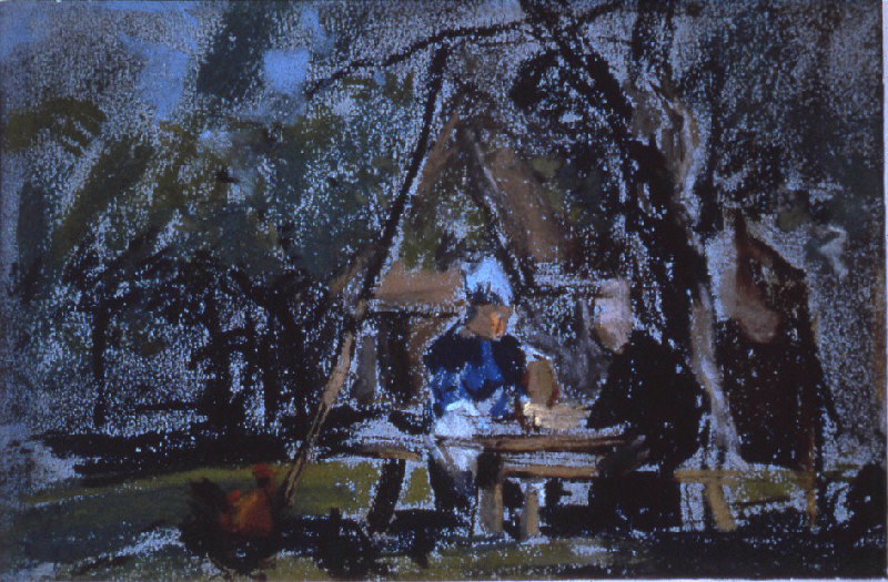 Deux femmes attablées et volailles à la Ferme Saint-Siméon, Honfleur