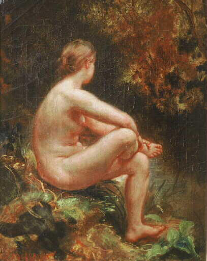 Femme assise, nue, au bord d'un ruisseau