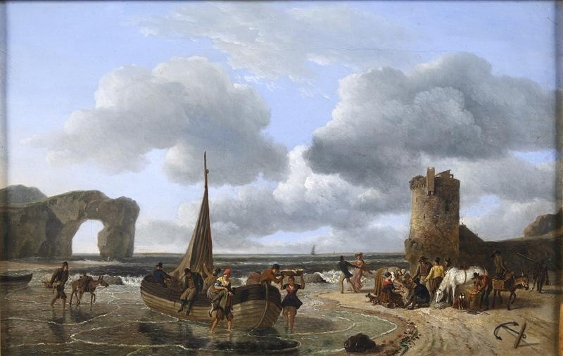 Vue prise sur le bord de la mer (Marine, pêcheurs débarquant du poisson (Etretat ?))