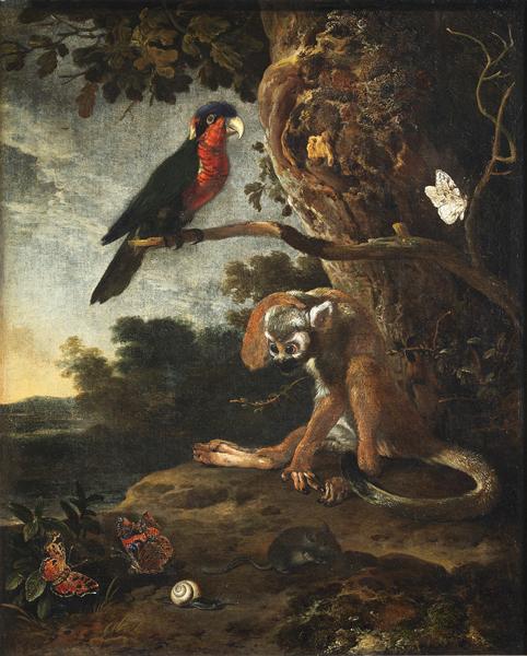 Un singe à longue queue et un perroquet ; Singe et perroquet (autre titre)