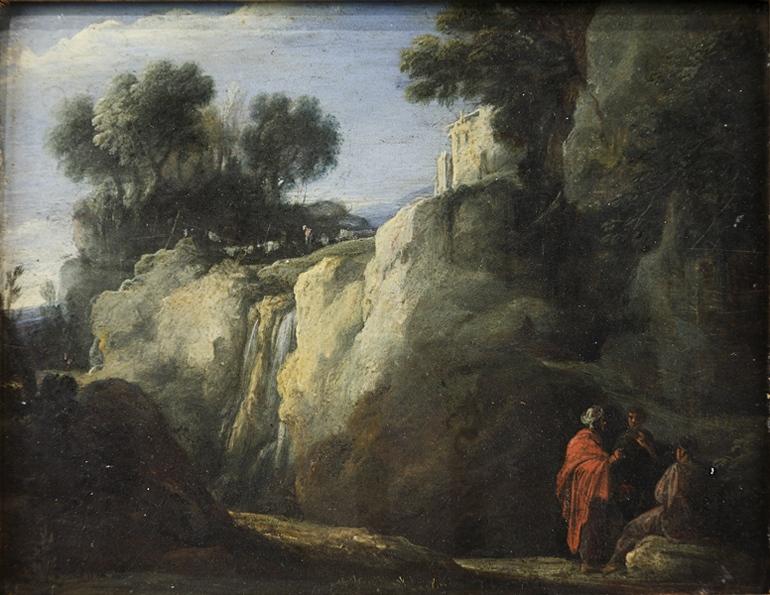 Paysage avec trois personnages devant une cascade ; Paysage rocheux avec un groupe de trois hommes en conversation devant une cascade (autre titre)