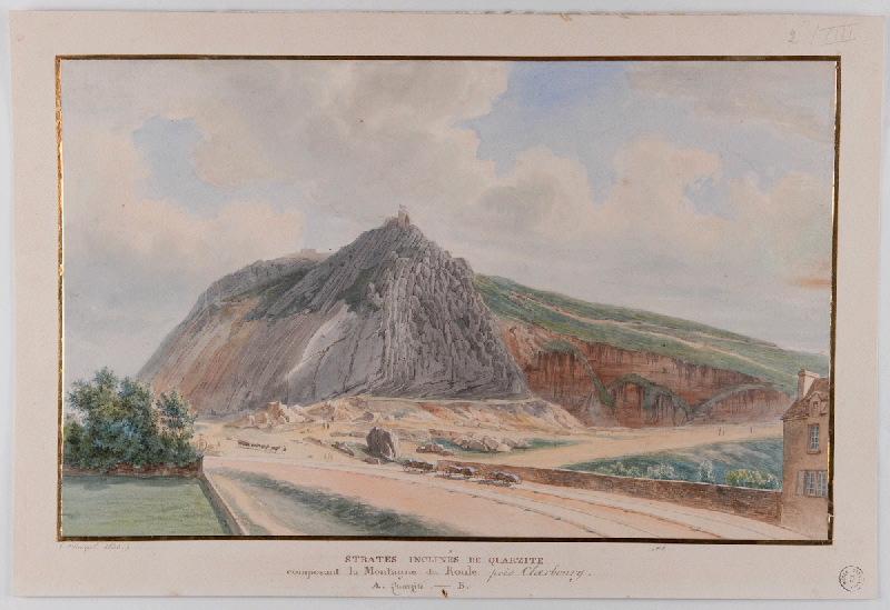 Strates inclinées de quartzite composant la Montagne du Roule près de Cherbourg