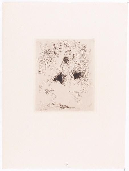 Paris à l'eau-forte : Femme entourée de personnages grotesques voltigeant