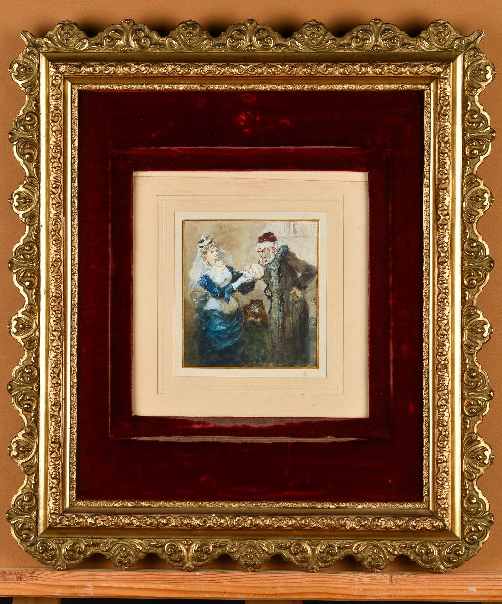 Femme présentant un crâne à un vieil homme