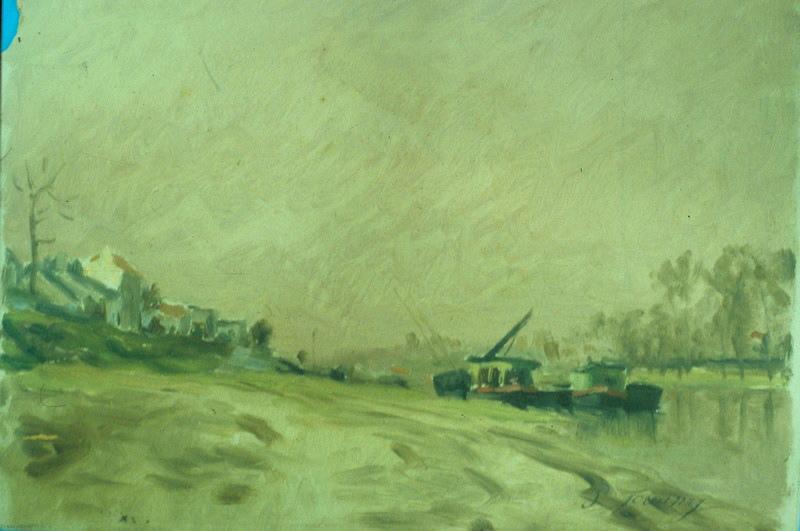 La Seine à Saint-Denis ; Etude de jambes (Au revers de la peinture)