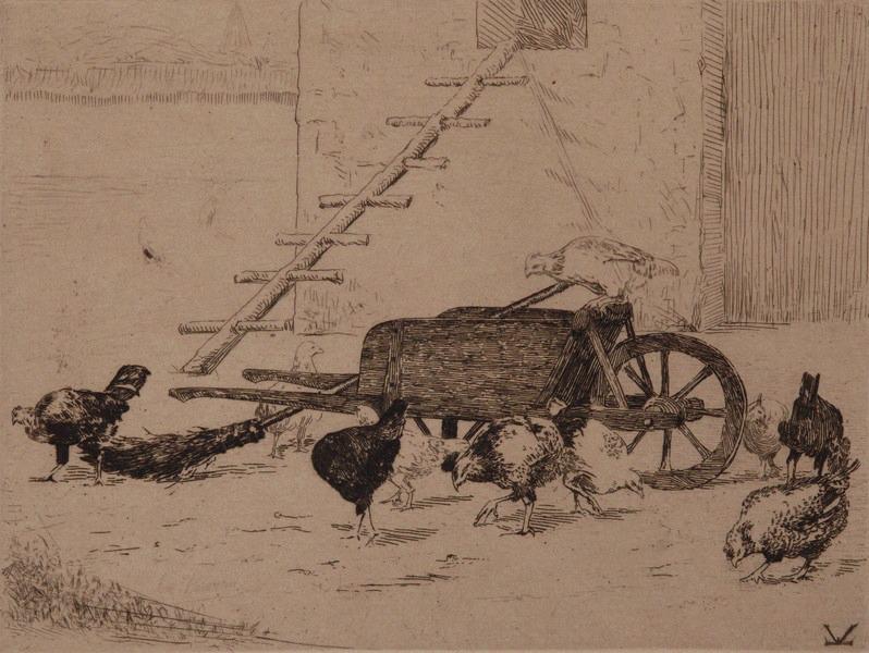 Intérieur de ferme; Brouette et poules dans une cour de ferme (autre titre)
