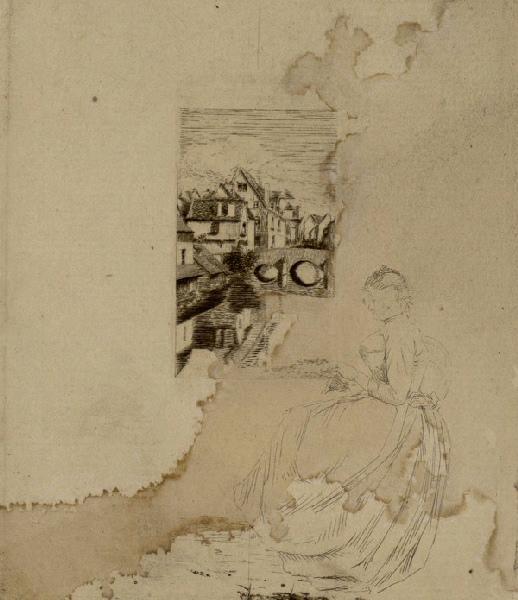 Chartres, vue sur l'Eure ; Femme brodant