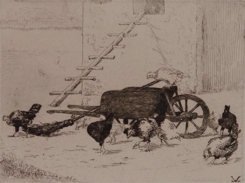 Intérieur de ferme ; Brouette et poules dans une cour de ferme (autre titre)