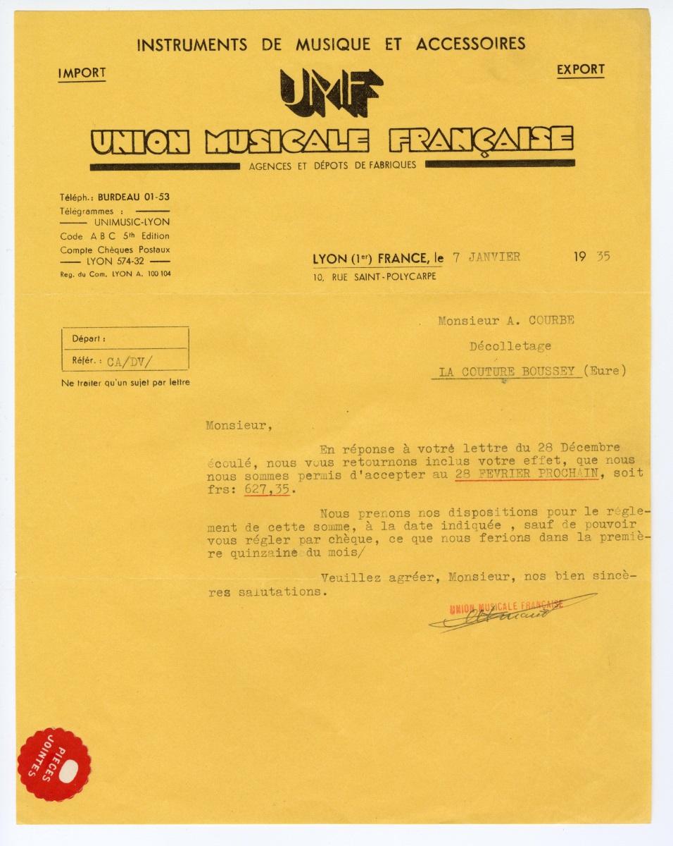 Lettre de l'Union Musicale Française à Alexis Courbe