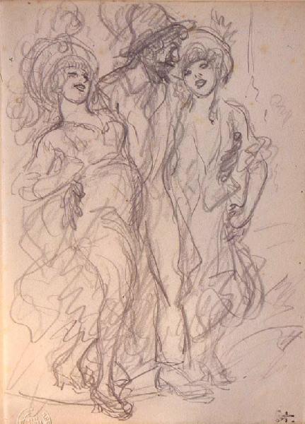 Homme accompagné de deux femmes (Croquis)