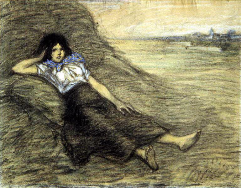 Jeune fille allongée dans le foin