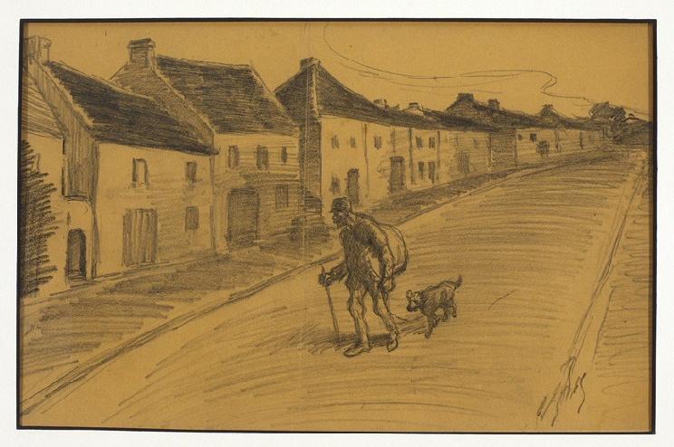 Chemineau entrant dans un village (avec un chien)