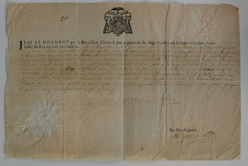 Permission accordée par Jean Le Normant, Evêque d'Evreux aux administrateurs de l'Hôpital des pauvres valides de Vernon