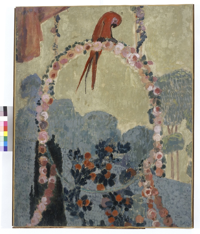 Panneau décoratif au perroquet rouge.