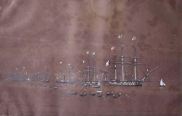 Le Iéna et sa flotte (Intitulé 'Flotte' dans l'inventaire, il semble plus que probable que ce dessin représente le Iéna lors de la réception d'un grand dignitaire en baie de Naples ou de Gaète, en avril 1849.) ; Flotte (Intitulé 'Flotte' dans l'inventaire, il semble plus que probable que ce dessin représente le Iéna lors de la réception d'un grand dignitaire en baie de Naples ou de Gaète, en avril 1849.)