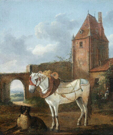 Cheval blanc et chien devant la Tour du Vieux Saint-Rémy