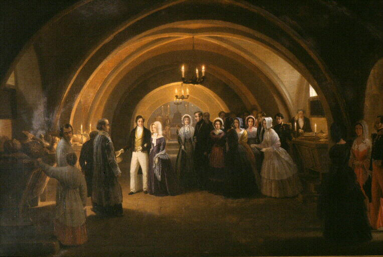 La reine Victoria au bras de Louis-Philippe visite les tombeaux des Comtes d'Eu le 5 septembre 1843