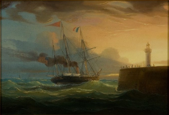 Trois-mâts vapeur sortant du port du Havre