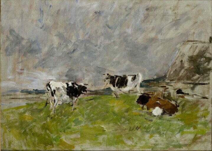 Vaches ; Trois vaches dont deux noires et blanches et une rousse couchée (ancien titre)