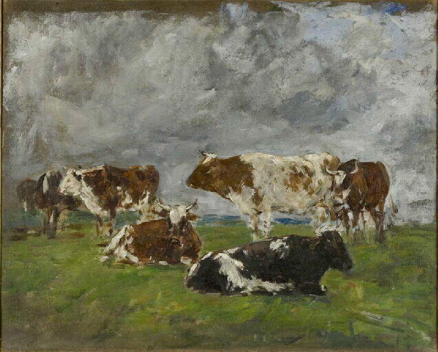 Groupe de vaches dans un pré ; Groupe de vaches dans un pré au premier plan vache noire et blanche (ancien titre)