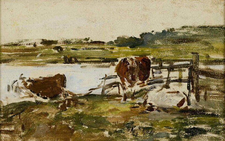 Barrière près d'une mare ; Barrière près d'une mare, deux vaches (ancien titre)