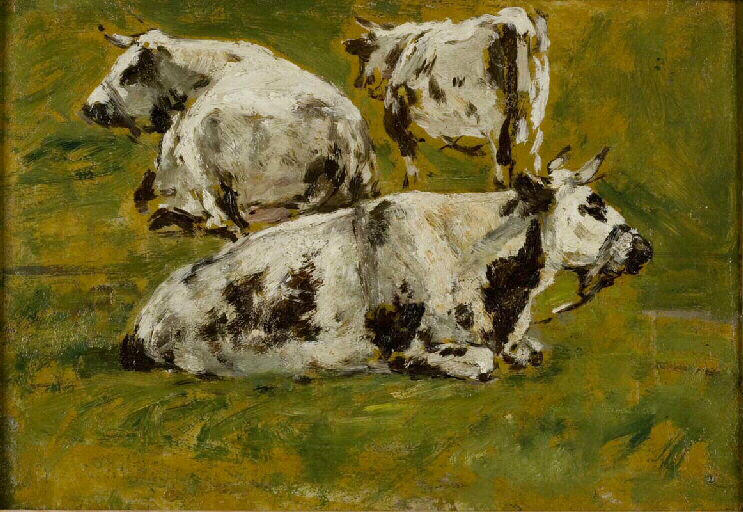 Etude de trois vaches noires et blanches ; Etude de trois vaches noires et blanches dont une debout (ancien titre)