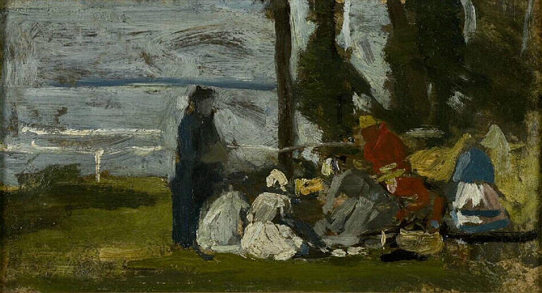Personnages assis par terre près de l'eau