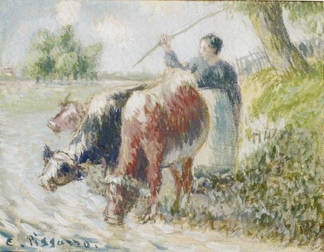 Paysanne gardant des vaches ; A la rivière (ancien titre Reynold Arnould)