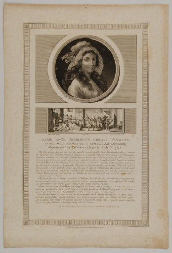 Marie-Anne Charlotte Corday d'Armans... ( 'Marie-Anne Charlotte Corday d'Armans, native de la paroisse de Saint-Saturnin des Lignerets. Dépt. du Calvados, jugée le 17 juillet 1793. ')