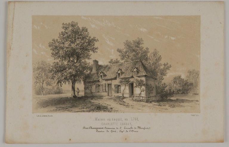 Maison où naquit Charlotte Corday ... ('Maison où naquit en 1768, Charlotte Corday, aux Champeaux, commune de St-Ernoult de Monfort, canton de Glacé, dépt. de l'Orne '.)