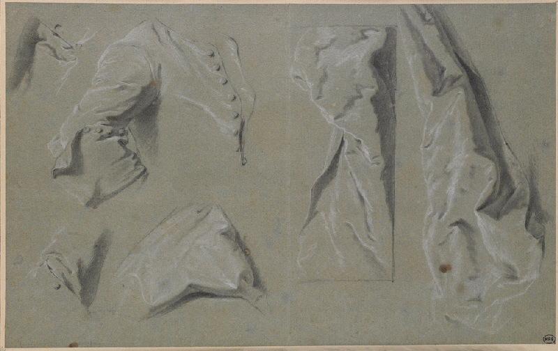 Feuilles d'études de draperies ; Etude de costume d'homme