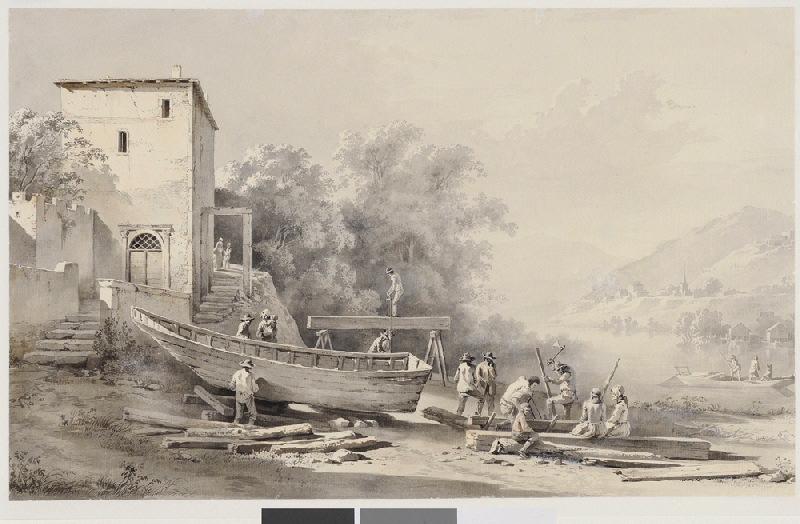 Le Chantier, vue prise près de Savigny ; Chantier de bateau au bord d'une rivière (autre titre)