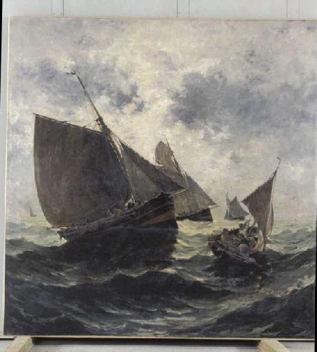 Barques de pêche ; Barque de pêche relevant son chalut